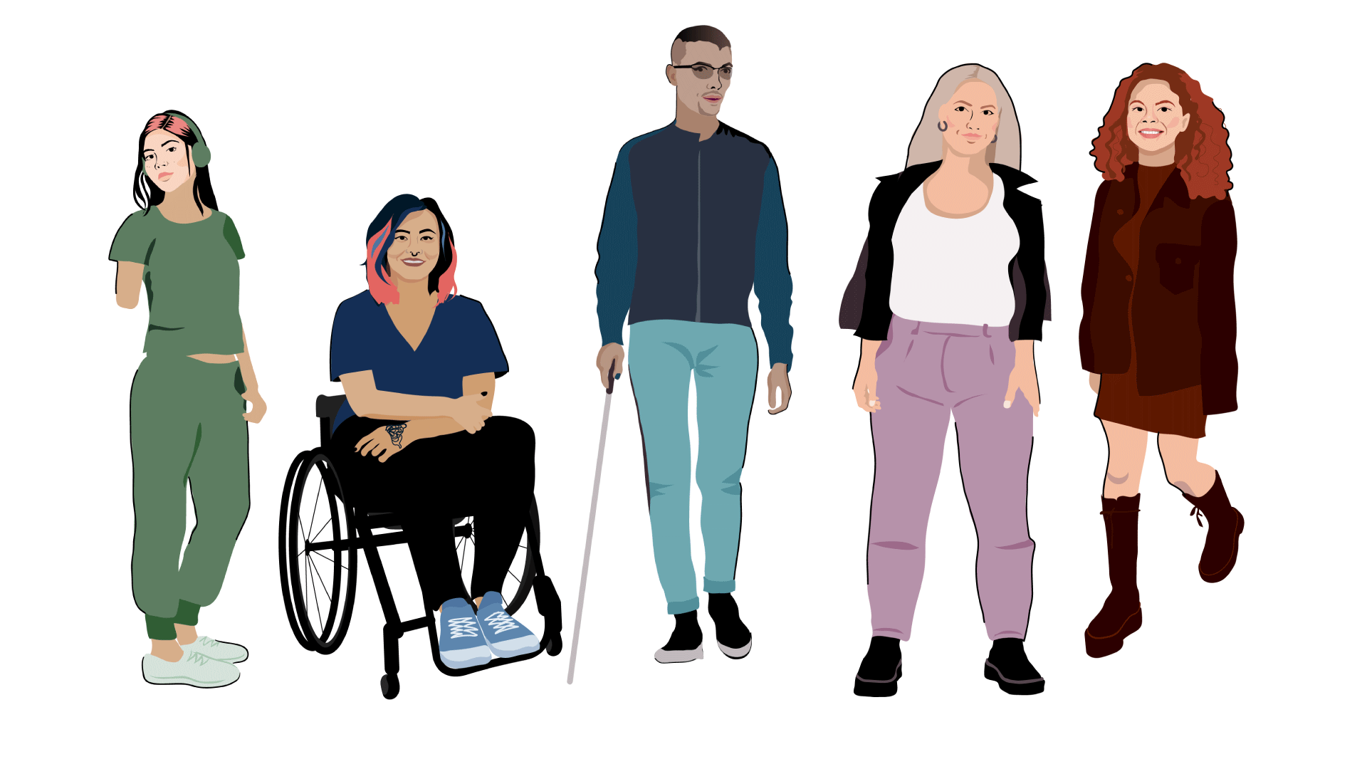5 personer med pronomen hon eller hen och har olika funktionsnedsättningar.