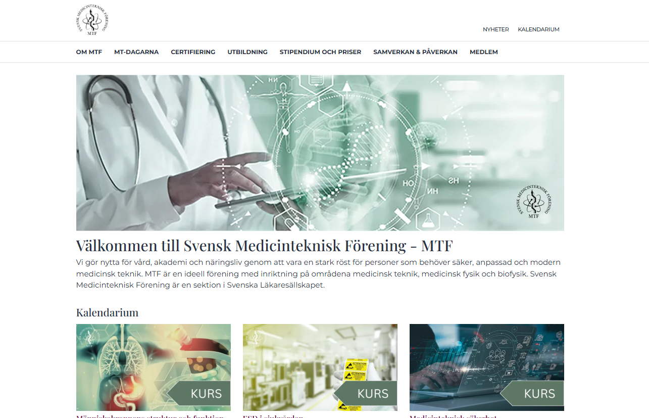 En landningssida för MTFs hemsdia visar navigationsmeny