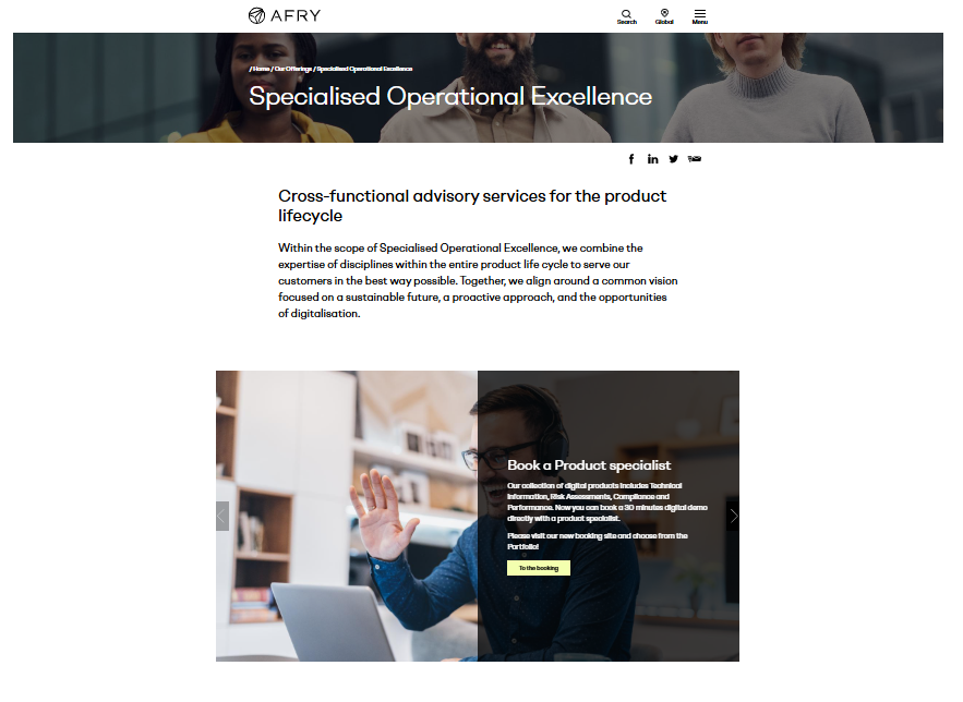 En landningssida för MTFs hemsdia visar navigationsmeny